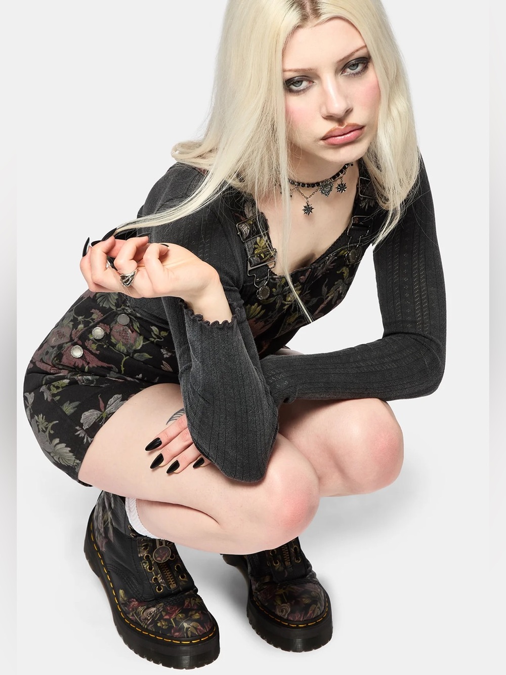 Disturbia | Poison Eden Print Denim Dungaree Short - Picture 4 of 7